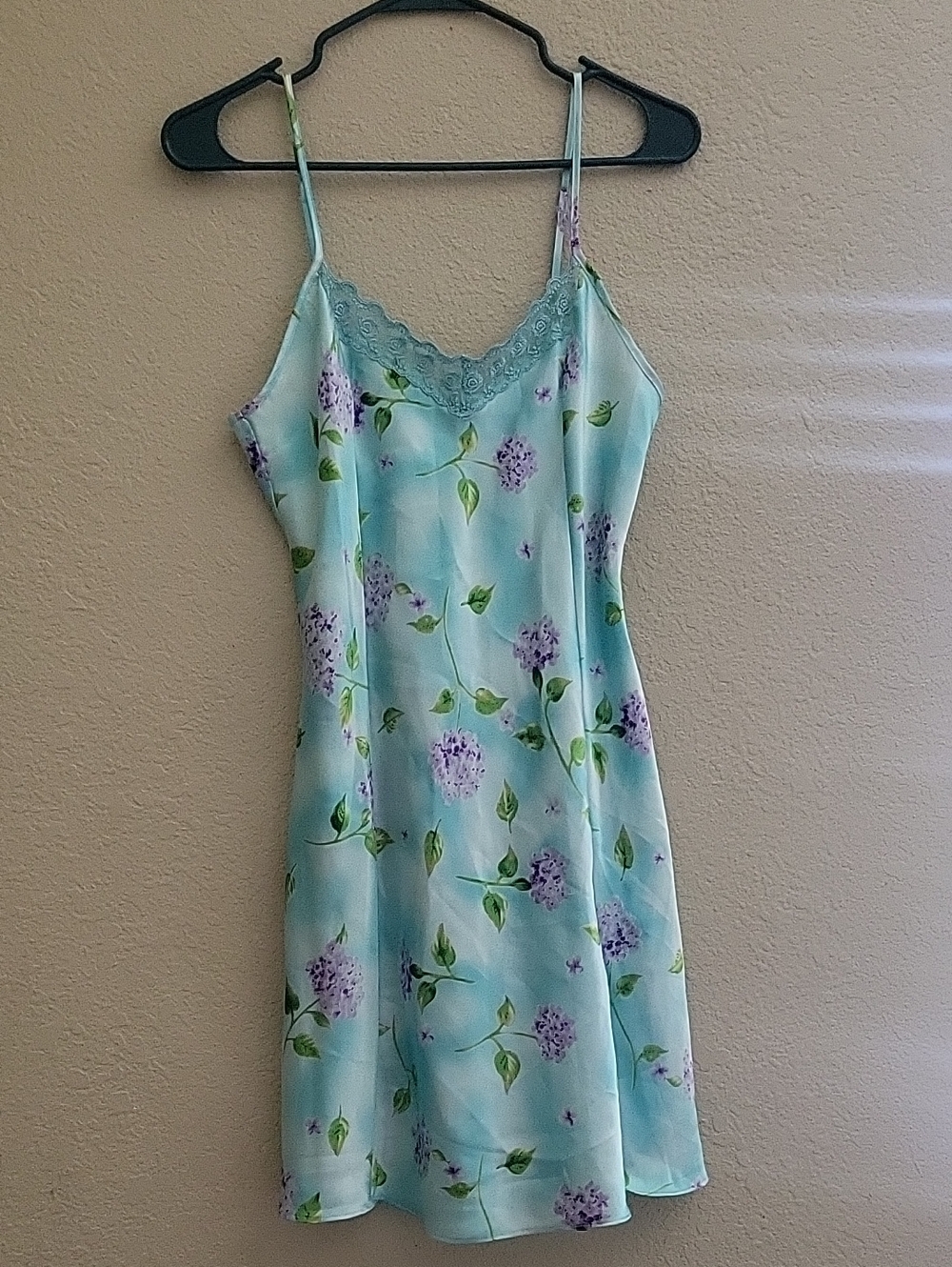 Light Aqua Floral Satin Chemise with Lace Trim